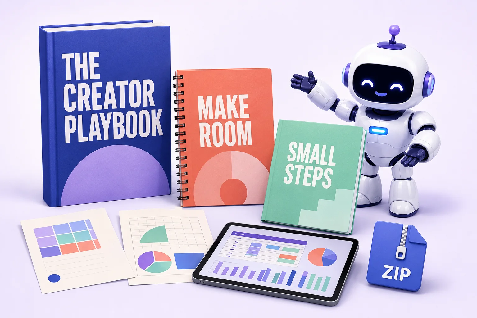 Stredy robot presenting colorful ebook, planner and workbook design concepts alongside worksheets and a spreadsheet