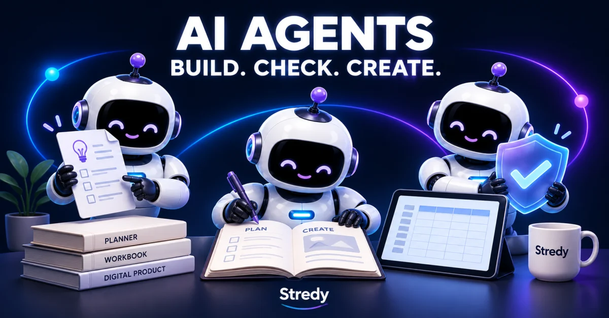 Three Stredy robots planning, designing and checking a workbook and spreadsheet.