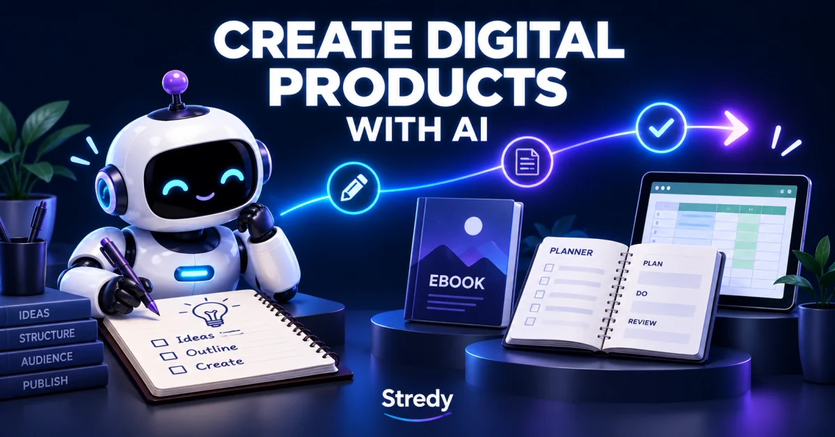 Stredy robot turning a written idea into an ebook, planner and spreadsheet along a glowing creation path.