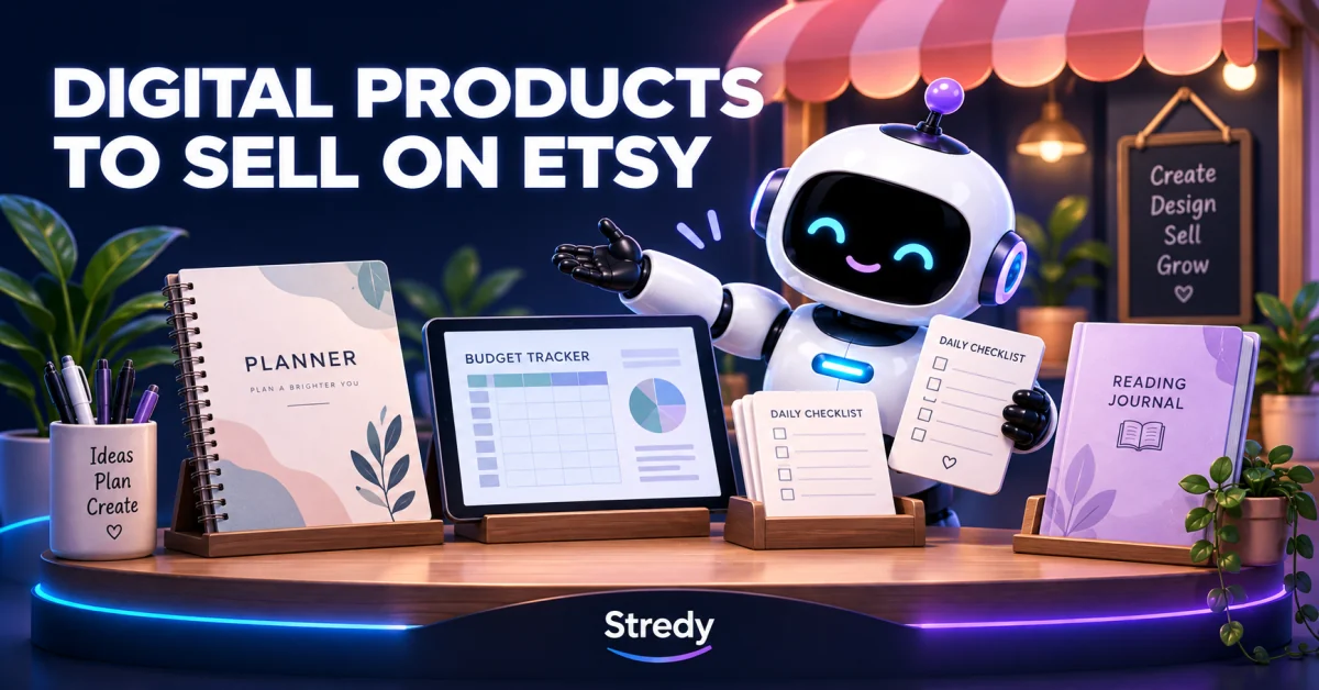 Stredy robot presenting a digital planner, reading journal and budget spreadsheet beside a storefront display.