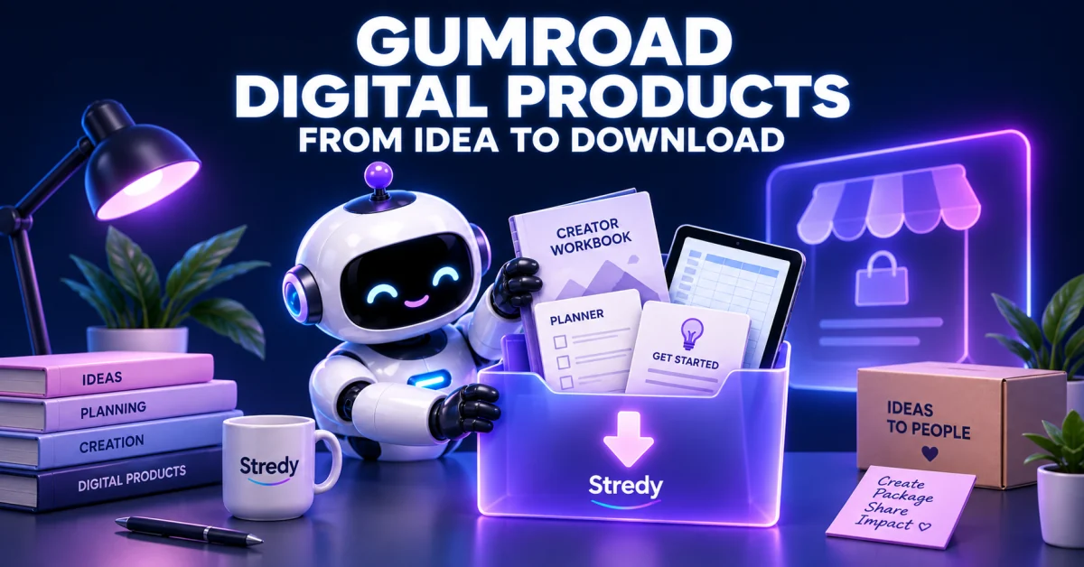 Stredy robot packaging a workbook, planner pages and a spreadsheet into a digital download folder.