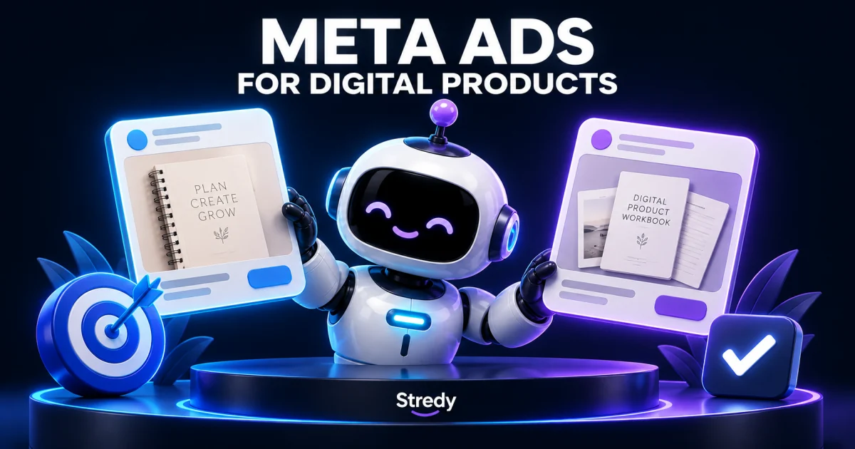 Stredy robot holding two digital-product ad cards beside a target and a purchase checkmark.