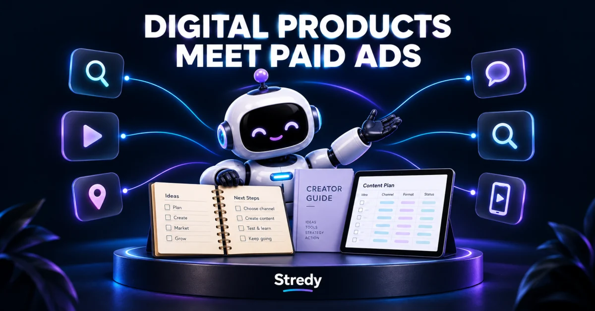 Stredy robot with a planner, workbook and tablet connected to six advertising-channel icons.