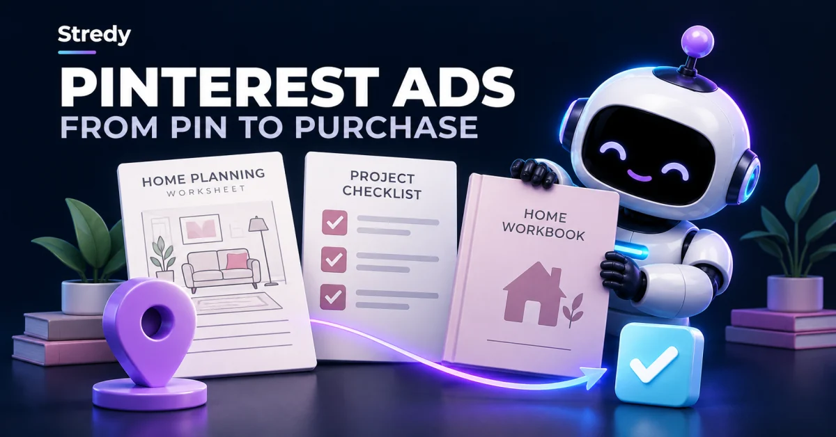Stredy robot presenting a home workbook beside planning cards, a pin and a purchase checkmark.