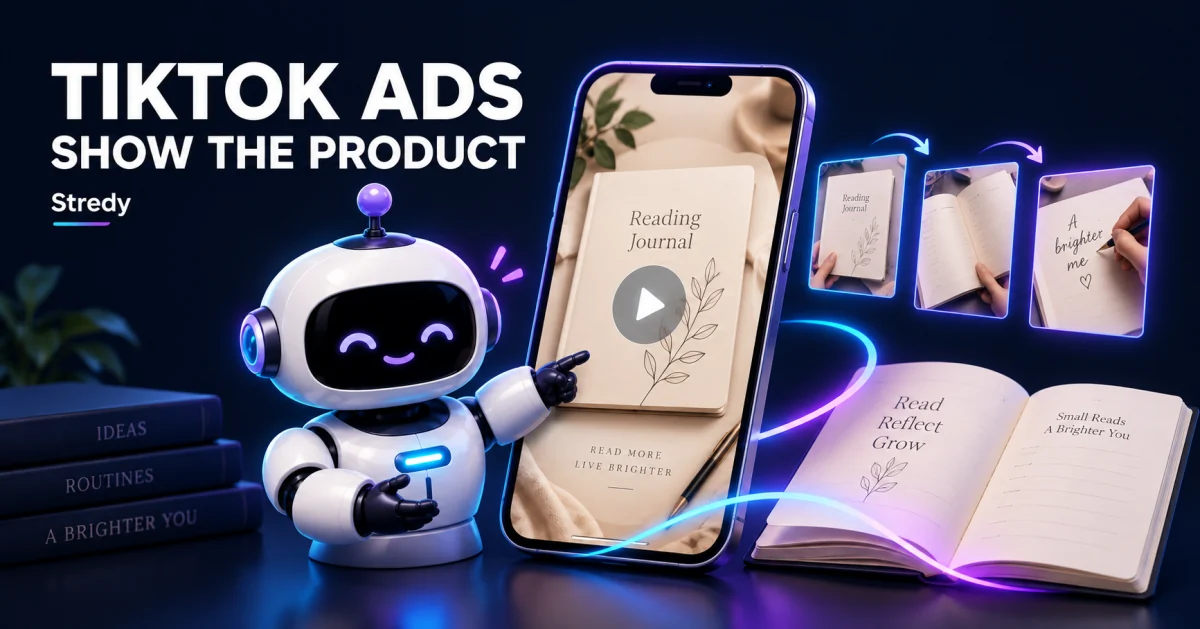 Stredy robot pointing to a reading-journal video on a phone, with three demonstration frames.