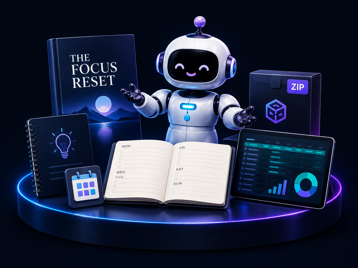 Stredy’s robot presenting an illustrated ebook, open planner, spreadsheet and download package