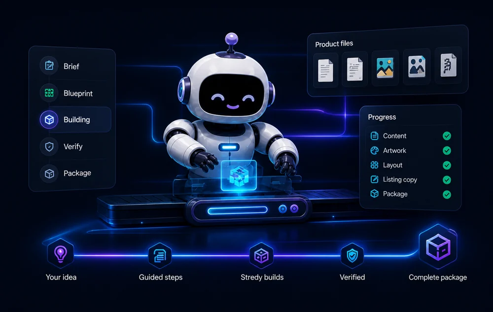 Illustration of Stredy’s robot coordinating content, design and product files